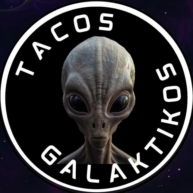 The Tacos Galaktikos logo: a grey alien head inside a black disc ringed in white, lettered TACOS GALAKTIKOS